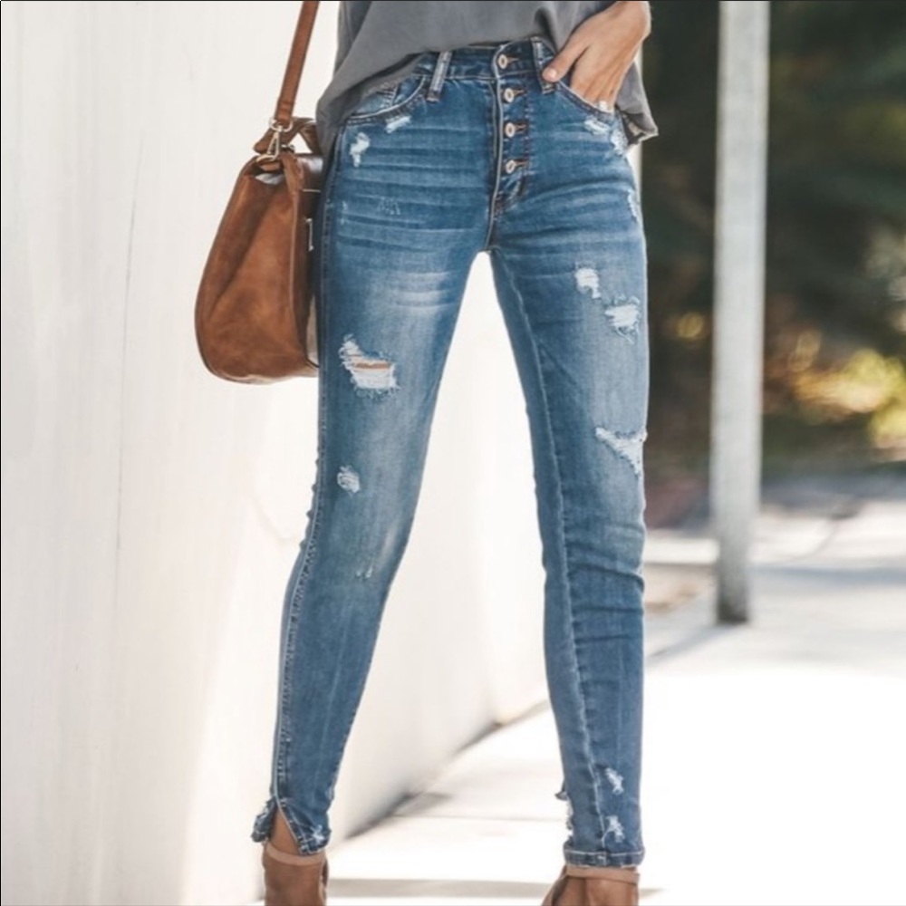 High Rise Distressed Ripped Denim Jeans Skinny - Picture 1 of 9